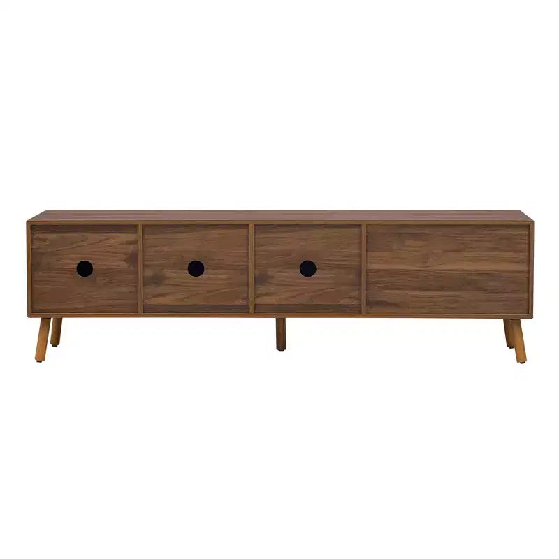 Meuble TV Moderne du Milieu du Siècle de 70 po, Table Console Média pour Téléviseurs jusqu'à 80'', Centre de Divertissement avec 5 Pieds en Bois Massif, Noyer - ModernLuxe