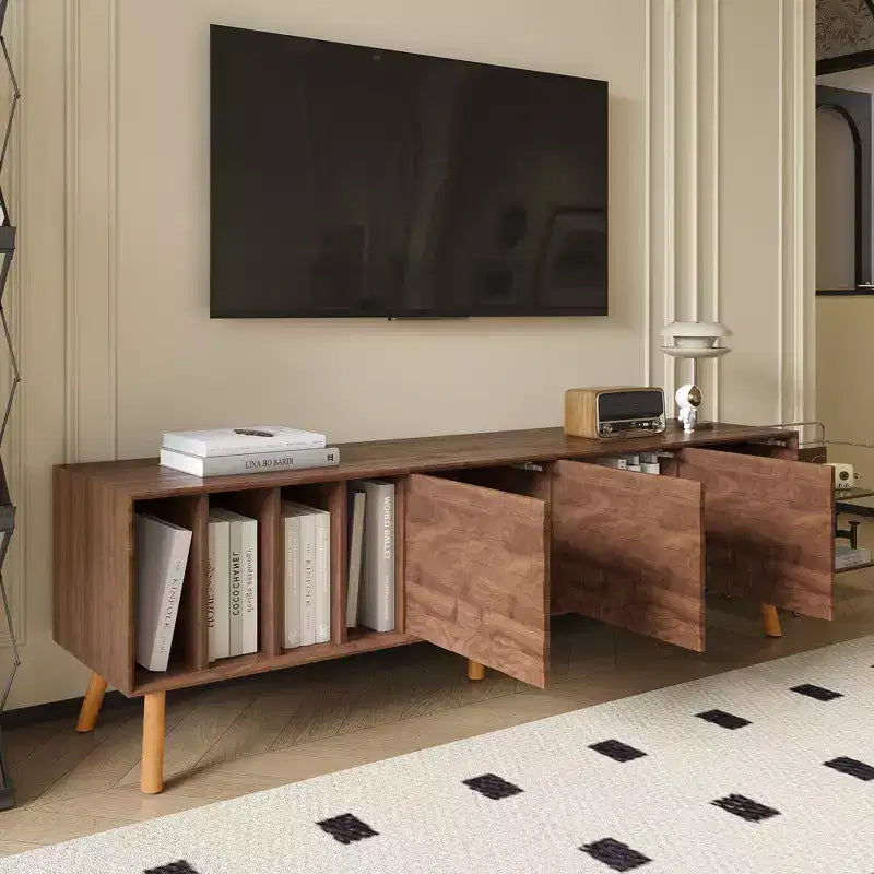 Meuble TV Moderne du Milieu du Siècle de 70 po, Table Console Média pour Téléviseurs jusqu'à 80'', Centre de Divertissement avec 5 Pieds en Bois Massif, Noyer - ModernLuxe