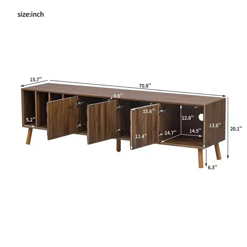 Meuble TV Moderne du Milieu du Siècle de 70 po, Table Console Média pour Téléviseurs jusqu'à 80'', Centre de Divertissement avec 5 Pieds en Bois Massif, Noyer - ModernLuxe