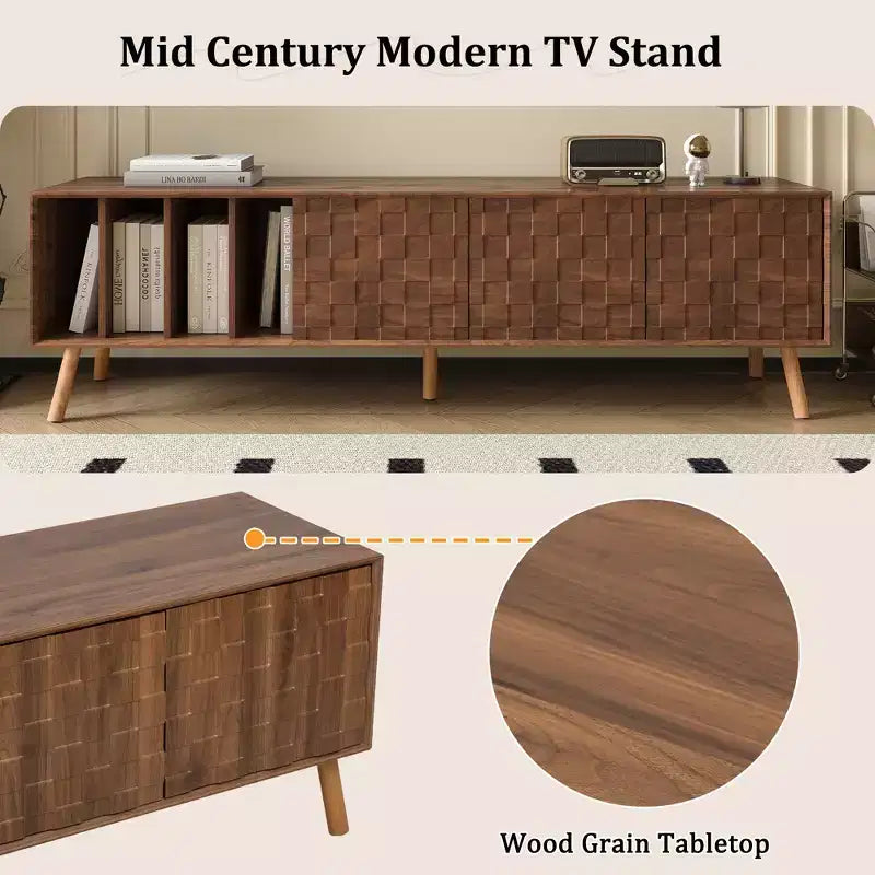 Meuble TV Moderne du Milieu du Siècle de 70 po, Table Console Média pour Téléviseurs jusqu'à 80'', Centre de Divertissement avec 5 Pieds en Bois Massif, Noyer - ModernLuxe