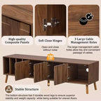 Meuble TV Moderne du Milieu du Siècle de 70 po, Table Console Média pour Téléviseurs jusqu'à 80'', Centre de Divertissement avec 5 Pieds en Bois Massif, Noyer - ModernLuxe