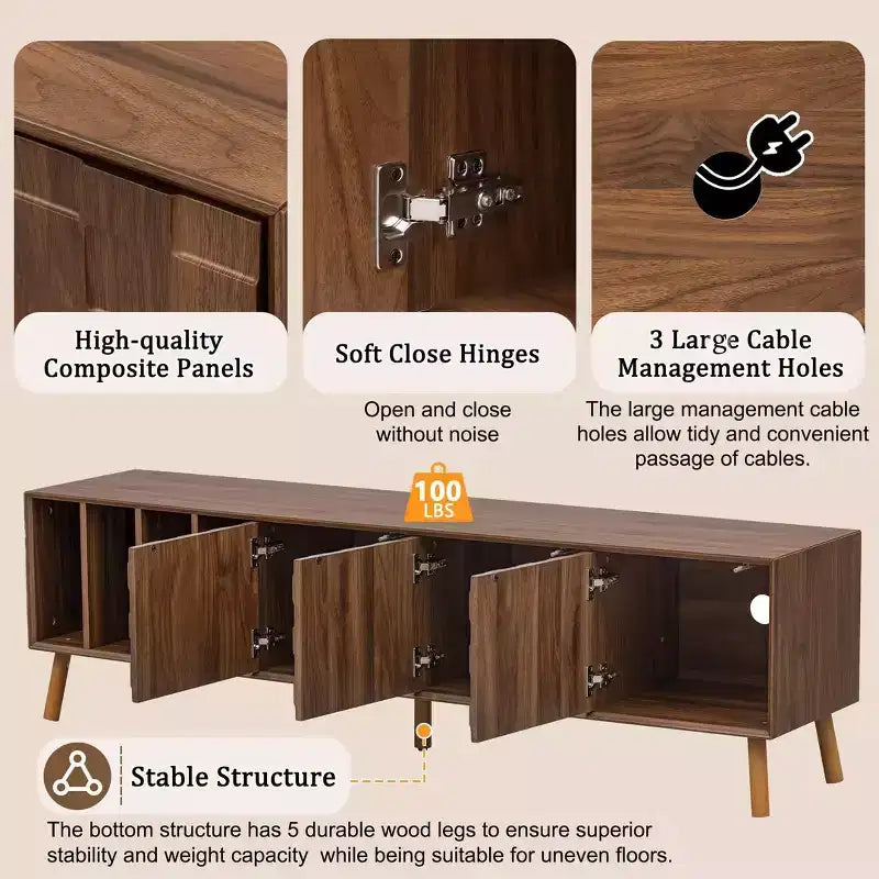 Meuble TV Moderne du Milieu du Siècle de 70 po, Table Console Média pour Téléviseurs jusqu'à 80'', Centre de Divertissement avec 5 Pieds en Bois Massif, Noyer - ModernLuxe