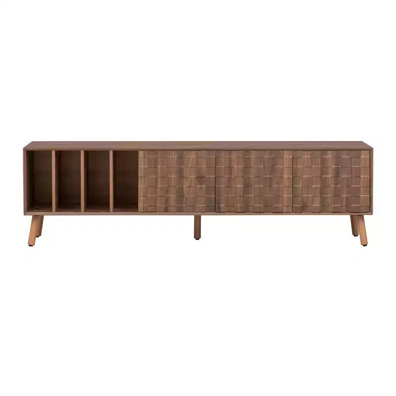Meuble TV Moderne du Milieu du Siècle de 70 po, Table Console Média pour Téléviseurs jusqu'à 80'', Centre de Divertissement avec 5 Pieds en Bois Massif, Noyer - ModernLuxe