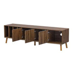 Meuble TV Moderne du Milieu du Siècle de 70 po, Table Console Média pour Téléviseurs jusqu'à 80'', Centre de Divertissement avec 5 Pieds en Bois Massif, Noyer - ModernLuxe