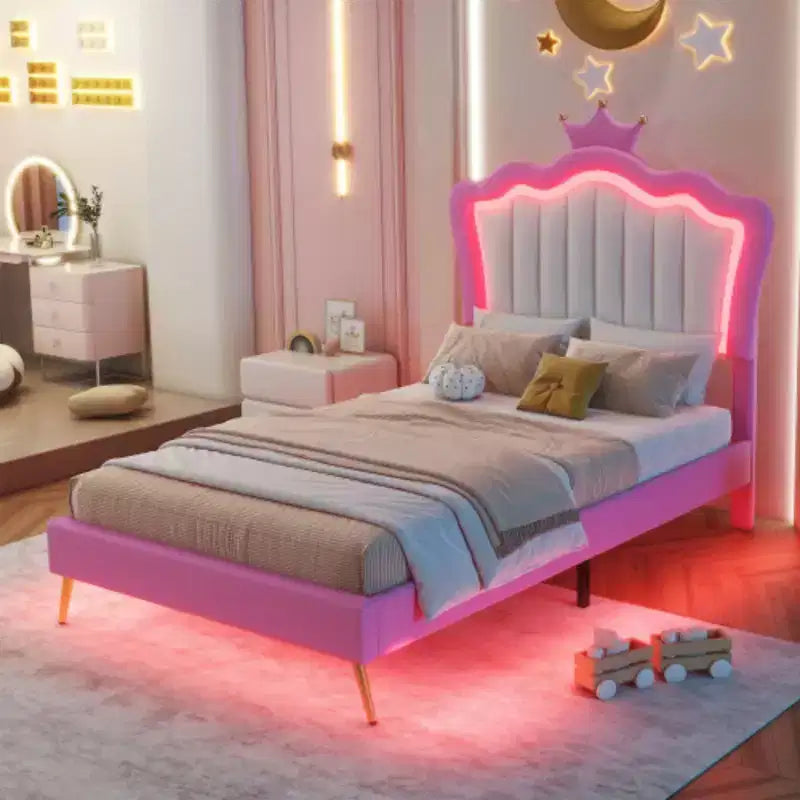 Modern Princess Bed with Crown Headboard, Single-Sized Upholstered Frame Including LED Lights
