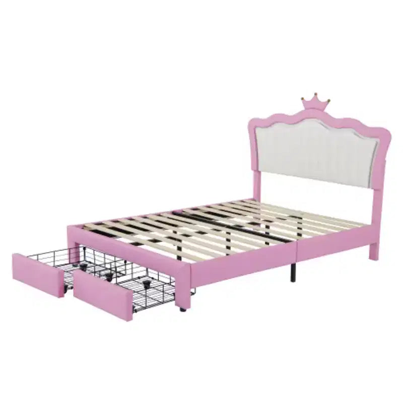Lit moderne de princesse avec tête de lit couronne, cadre rembourré pour lit simple avec lumières LED