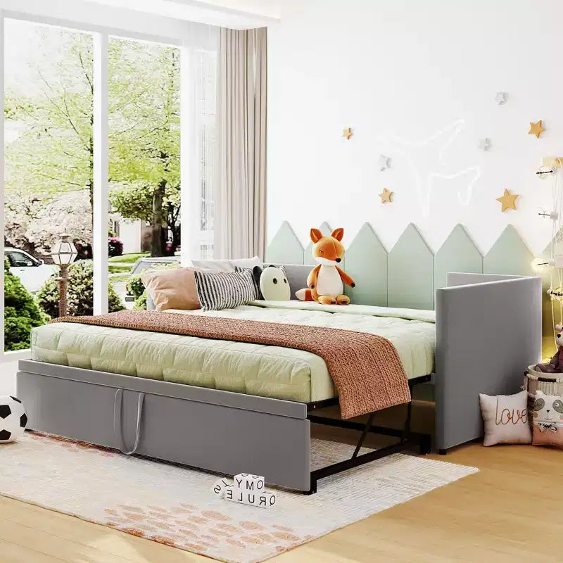 Lit de repos double en velours avec lit gigogne intégré – Design élégant et fonctionnalité peu encombrante