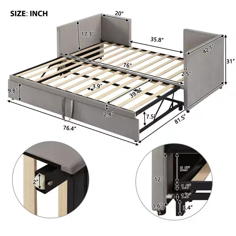Lit de repos double en velours avec lit gigogne intégré – Design élégant et fonctionnalité peu encombrante