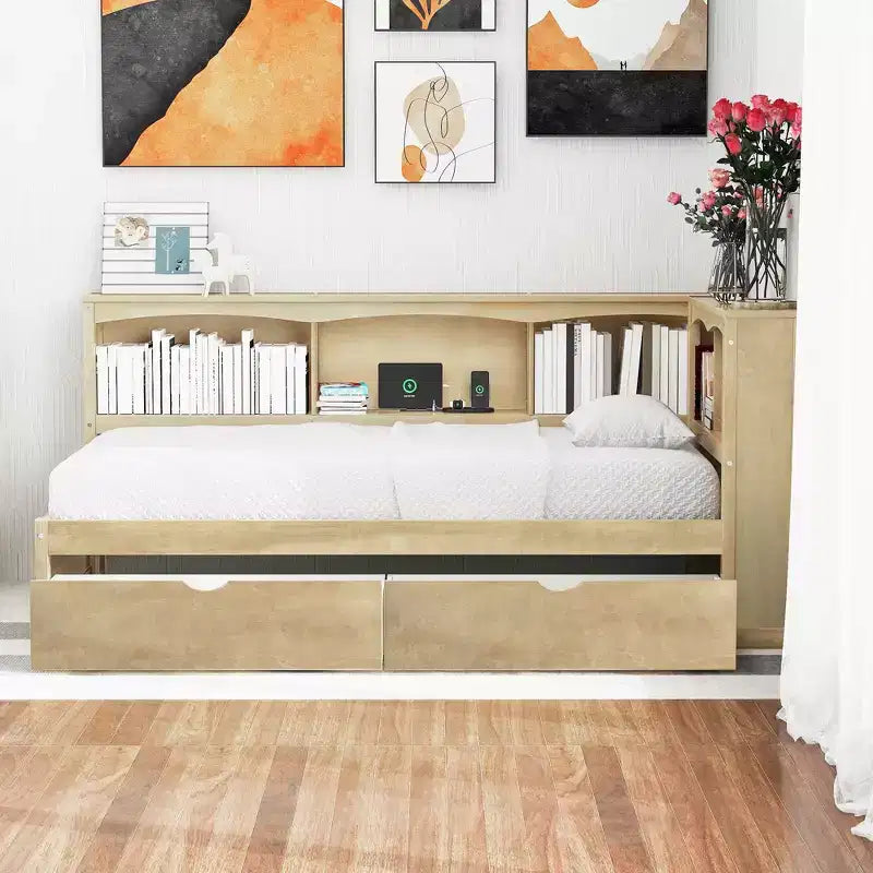 Lit de repos jumeau Whisen avec deux tiroirs de rangement, des armoires de rangement et des ports USB