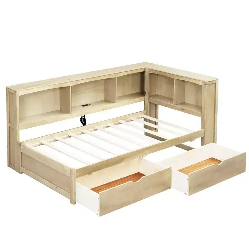 Lit de repos jumeau Whisen avec deux tiroirs de rangement, des armoires de rangement et des ports USB