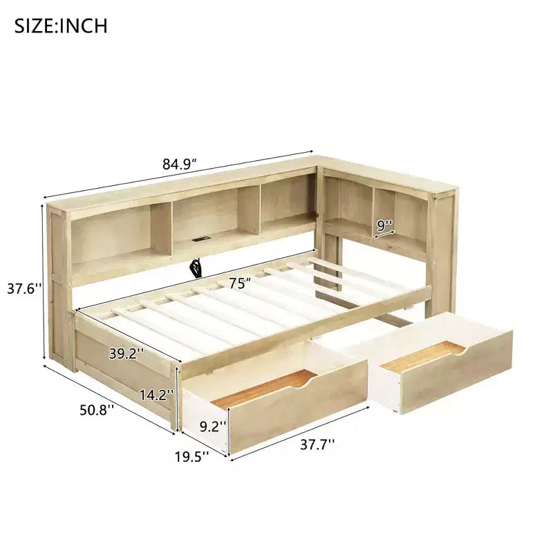 Lit de repos jumeau Whisen avec deux tiroirs de rangement, des armoires de rangement et des ports USB