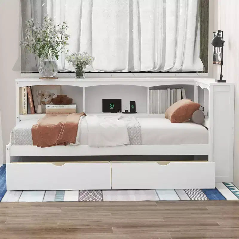 Lit de repos jumeau Whisen avec deux tiroirs de rangement, des armoires de rangement et des ports USB