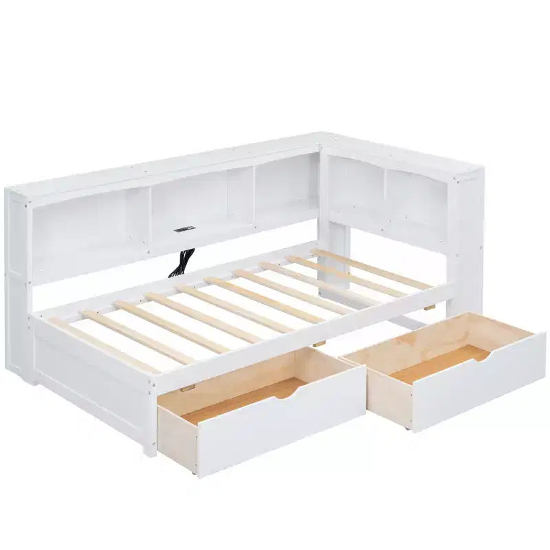 Lit de repos jumeau Whisen avec deux tiroirs de rangement, des armoires de rangement et des ports USB