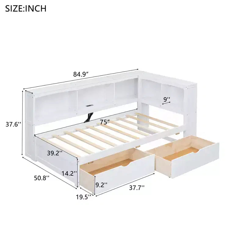 Lit de repos jumeau Whisen avec deux tiroirs de rangement, des armoires de rangement et des ports USB