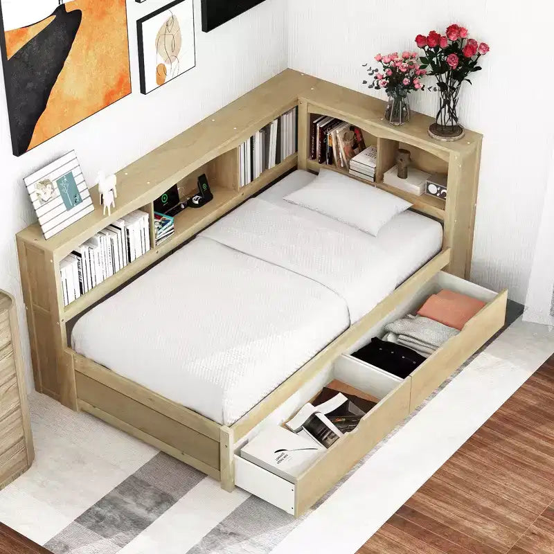 Lit de repos jumeau Whisen avec deux tiroirs de rangement, des armoires de rangement et des ports USB