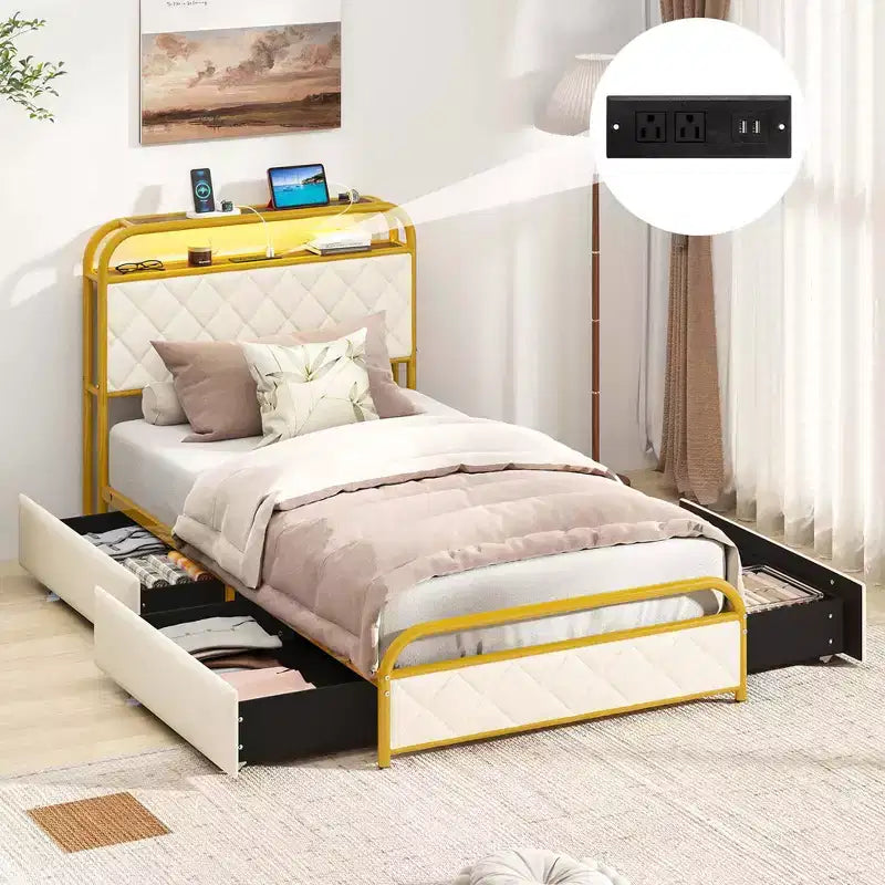 Cadre de lit Costway pour lits jumeaux/doubles/Queen avec lumières LED, tête de lit de rangement avec station de recharge et tiroirs, doré