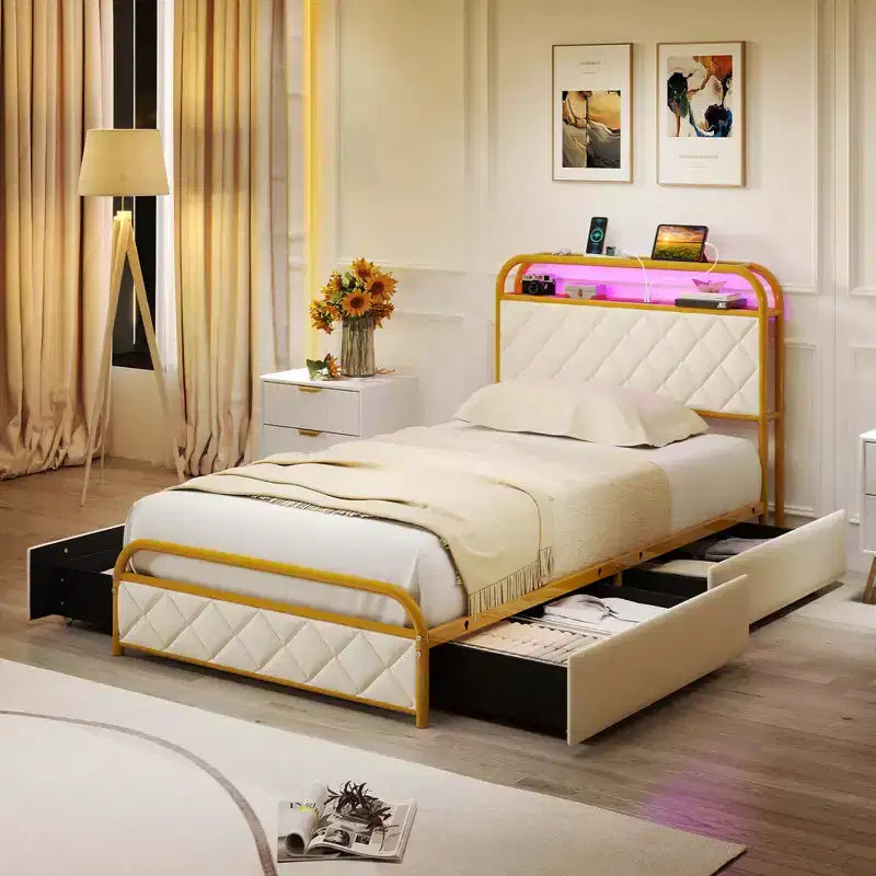 Costway Twin/Full/Queen Size Bed Frame with LED Lights & Charging Station Storage Headboard & Drawers Golden