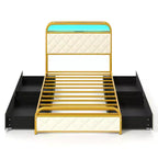 Cadre de lit Costway pour lits jumeaux/doubles/Queen avec lumières LED, tête de lit de rangement avec station de recharge et tiroirs, doré