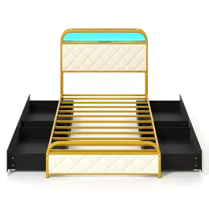 Cadre de lit Costway pour lits jumeaux/doubles/Queen avec lumières LED, tête de lit de rangement avec station de recharge et tiroirs, doré