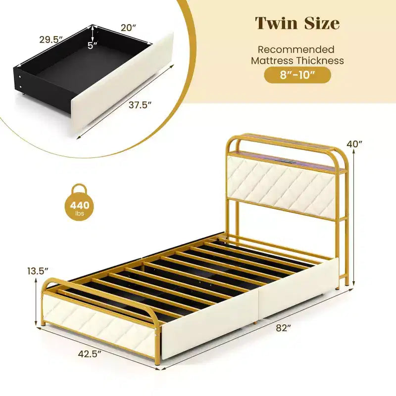 Cadre de lit Costway pour lits jumeaux/doubles/Queen avec lumières LED, tête de lit de rangement avec station de recharge et tiroirs, doré