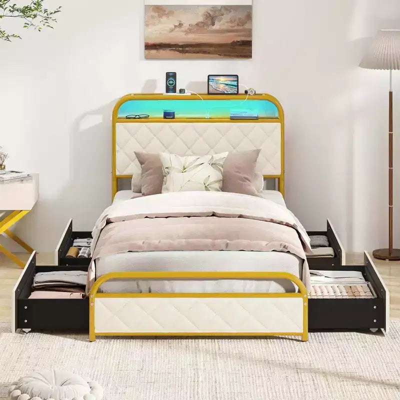 Cadre de lit Costway pour lits jumeaux/doubles/Queen avec lumières LED, tête de lit de rangement avec station de recharge et tiroirs, doré