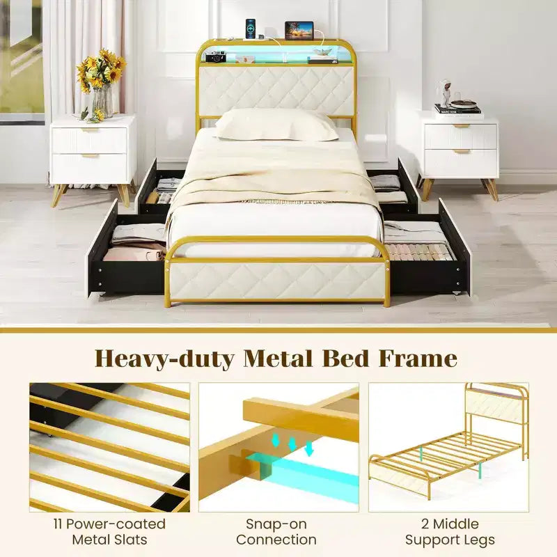 Cadre de lit Costway pour lits jumeaux/doubles/Queen avec lumières LED, tête de lit de rangement avec station de recharge et tiroirs, doré