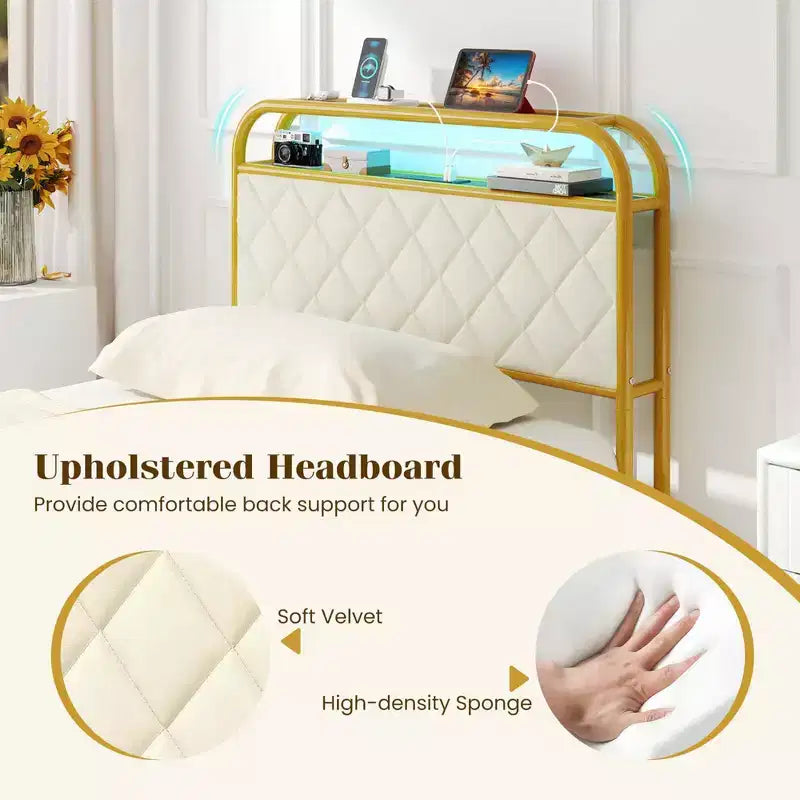Cadre de lit Costway pour lits jumeaux/doubles/Queen avec lumières LED, tête de lit de rangement avec station de recharge et tiroirs, doré
