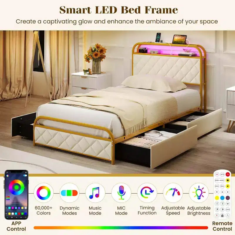 Cadre de lit Costway pour lits jumeaux/doubles/Queen avec lumières LED, tête de lit de rangement avec station de recharge et tiroirs, doré