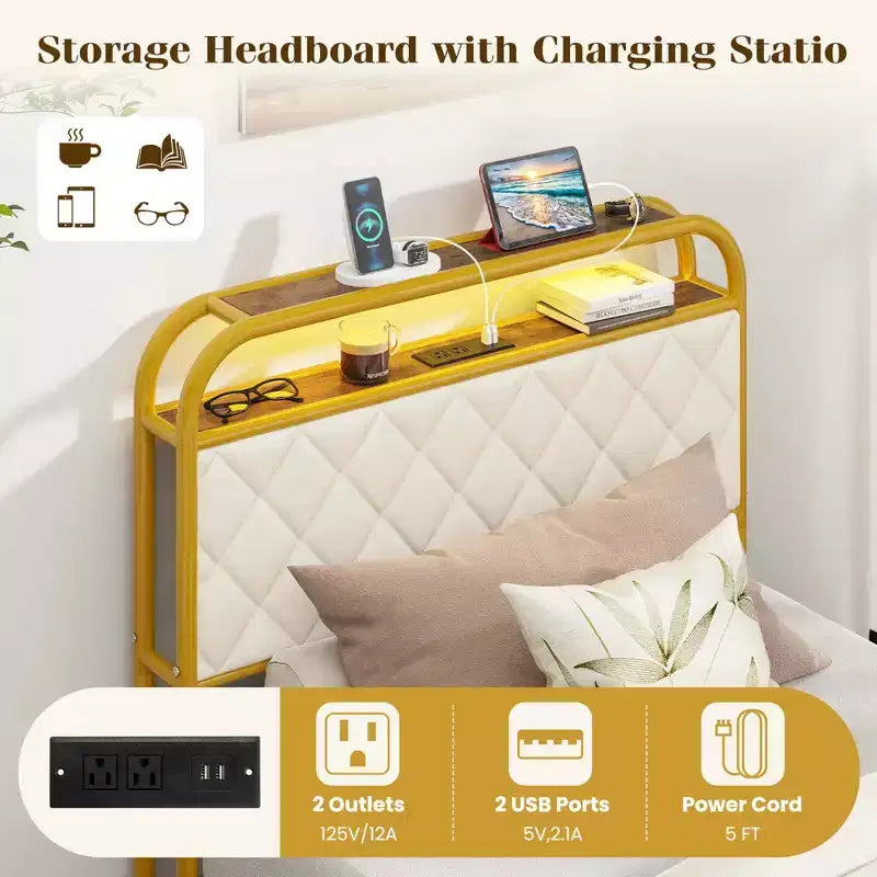 Cadre de lit Costway pour lits jumeaux/doubles/Queen avec lumières LED, tête de lit de rangement avec station de recharge et tiroirs, doré