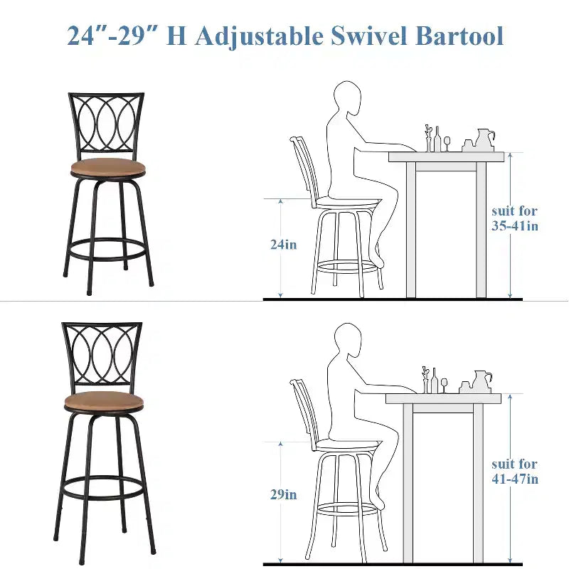Tabourets de bar VECELO réglables en hauteur (lot de 2), tabourets de comptoir pivotants 24/29 po avec siège rembourré, chaises de bistrot/pub en acier