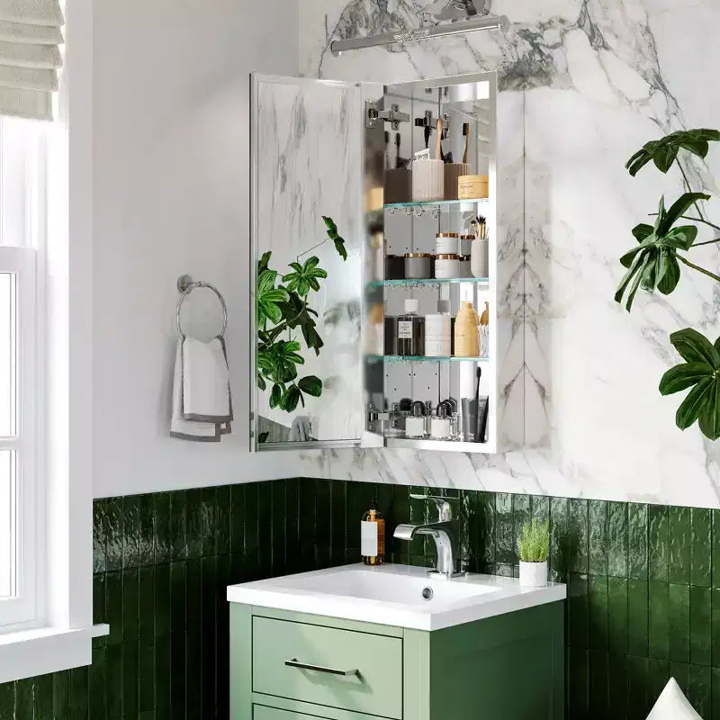 HBEZON Armoire de toilette avec miroirs, armoire de salle de bain encastrée/murale, étagères réglables, charnière à fermeture douce, rectangulaire, aluminium, argent