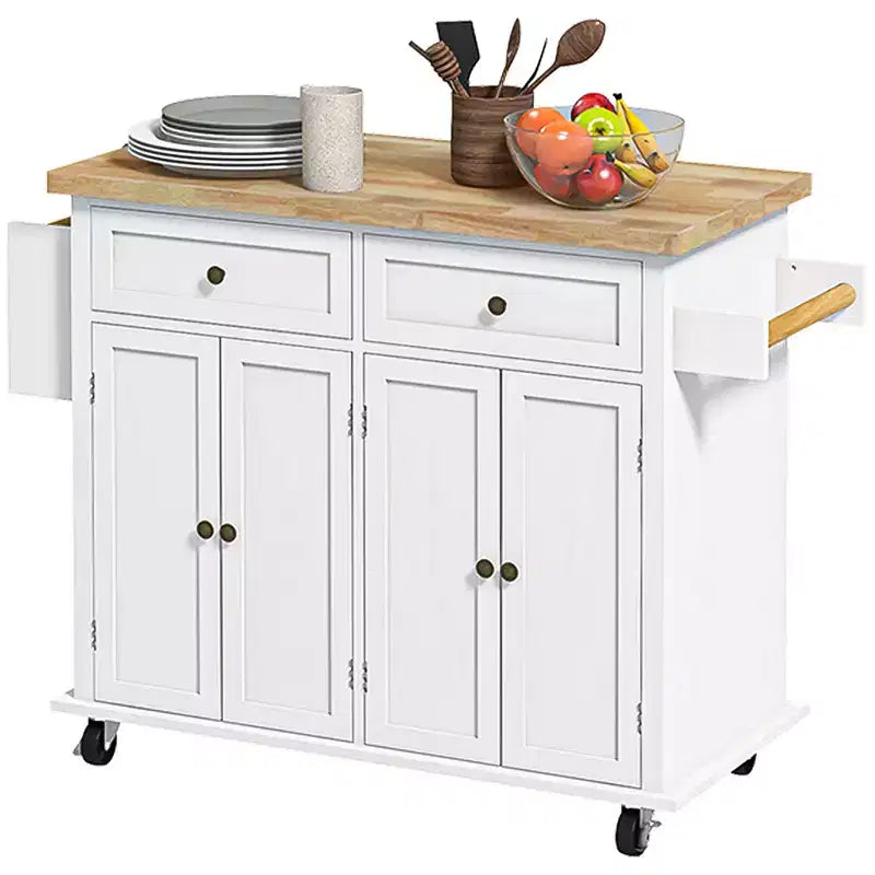 HOMCOM Îlot de cuisine sur roulettes, Chariot roulant avec plateau en bois de caoutchouc, Porte-épices, Porte-serviettes et Tiroirs pour Salle à manger