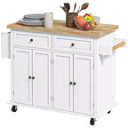 HOMCOM Îlot de cuisine sur roulettes, Chariot roulant avec plateau en bois de caoutchouc, Porte-épices, Porte-serviettes et Tiroirs pour Salle à manger