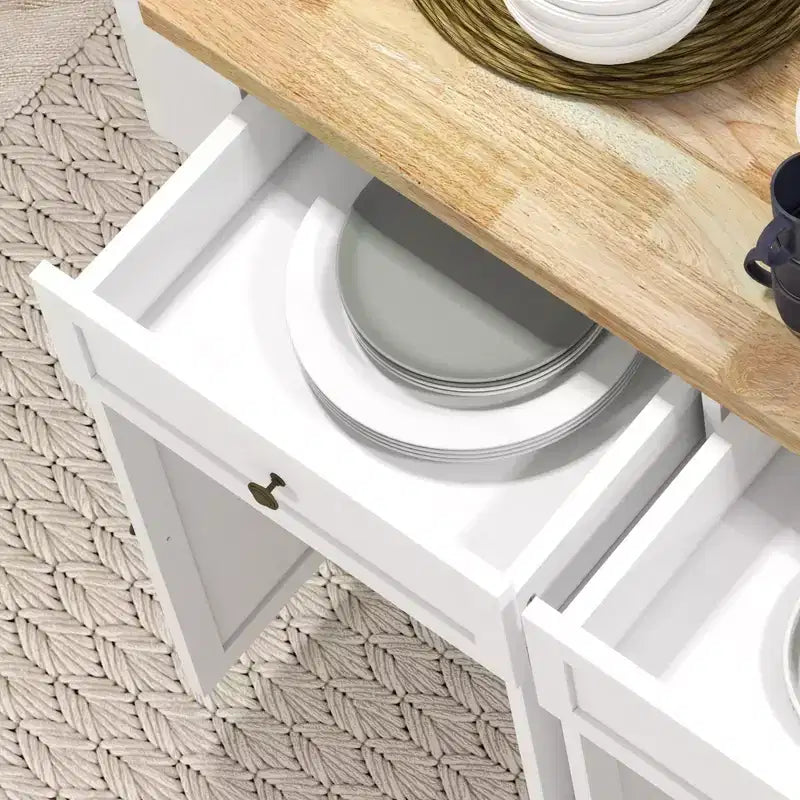 HOMCOM Îlot de cuisine sur roulettes, Chariot roulant avec plateau en bois de caoutchouc, Porte-épices, Porte-serviettes et Tiroirs pour Salle à manger