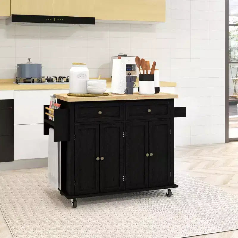 HOMCOM Îlot de cuisine sur roulettes, Chariot roulant avec plateau en bois de caoutchouc, Porte-épices, Porte-serviettes et Tiroirs pour Salle à manger