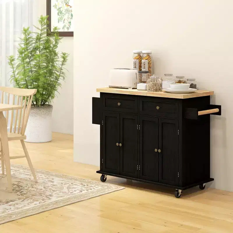 HOMCOM Îlot de cuisine sur roulettes, Chariot roulant avec plateau en bois de caoutchouc, Porte-épices, Porte-serviettes et Tiroirs pour Salle à manger