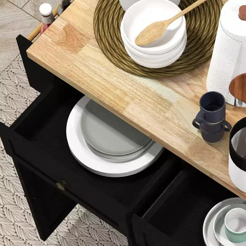 HOMCOM Îlot de cuisine sur roulettes, Chariot roulant avec plateau en bois de caoutchouc, Porte-épices, Porte-serviettes et Tiroirs pour Salle à manger