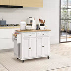 HOMCOM Îlot de cuisine sur roulettes, Chariot roulant avec plateau en bois de caoutchouc, Porte-épices, Porte-serviettes et Tiroirs pour Salle à manger