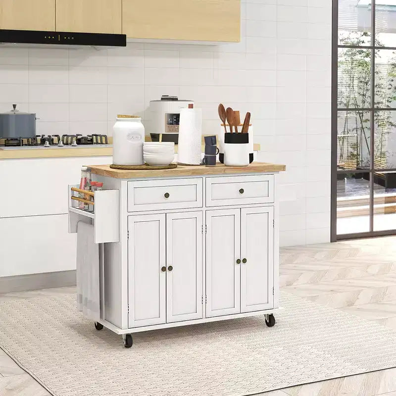 HOMCOM Îlot de cuisine sur roulettes, Chariot roulant avec plateau en bois de caoutchouc, Porte-épices, Porte-serviettes et Tiroirs pour Salle à manger