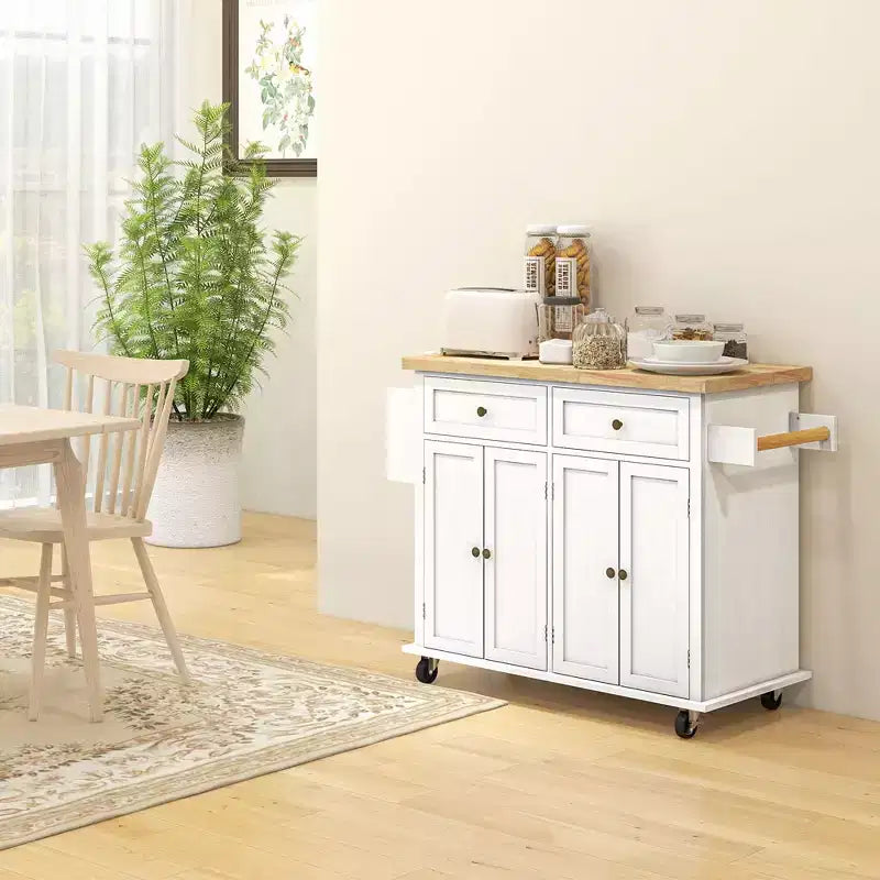 HOMCOM Îlot de cuisine sur roulettes, Chariot roulant avec plateau en bois de caoutchouc, Porte-épices, Porte-serviettes et Tiroirs pour Salle à manger