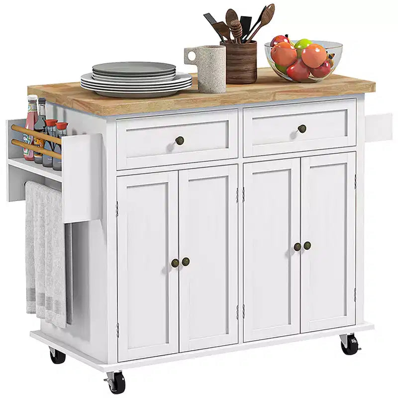 HOMCOM Îlot de cuisine sur roulettes, Chariot roulant avec plateau en bois de caoutchouc, Porte-épices, Porte-serviettes et Tiroirs pour Salle à manger