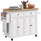 HOMCOM Îlot de cuisine sur roulettes, Chariot roulant avec plateau en bois de caoutchouc, Porte-épices, Porte-serviettes et Tiroirs pour Salle à manger