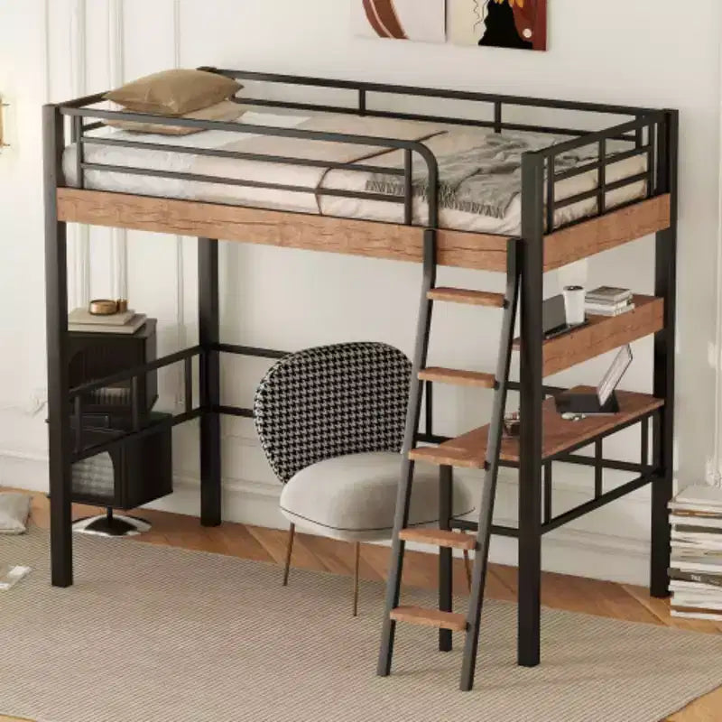 Space-Saving Black Metal Twin Loft Bed: Desk, Storage and Ladder