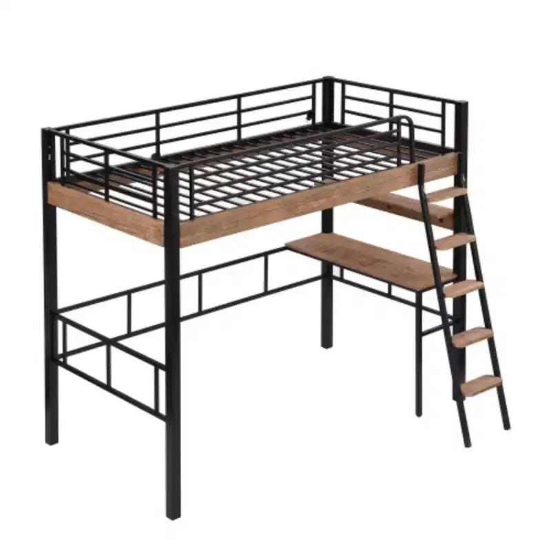 Lit mezzanine double en métal noir peu encombrant : bureau, rangement et échelle