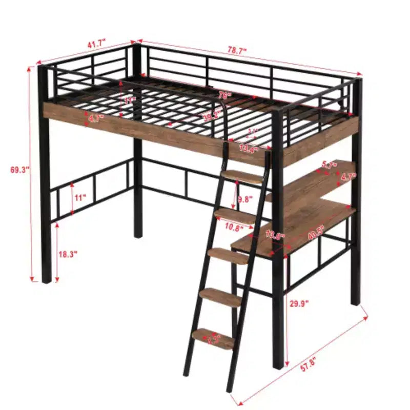 Lit mezzanine double en métal noir peu encombrant : bureau, rangement et échelle