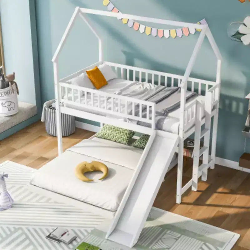 White Twin over Full House Bunk Bed with Slide, Built-in Ladder, and Full-Length Guardrail