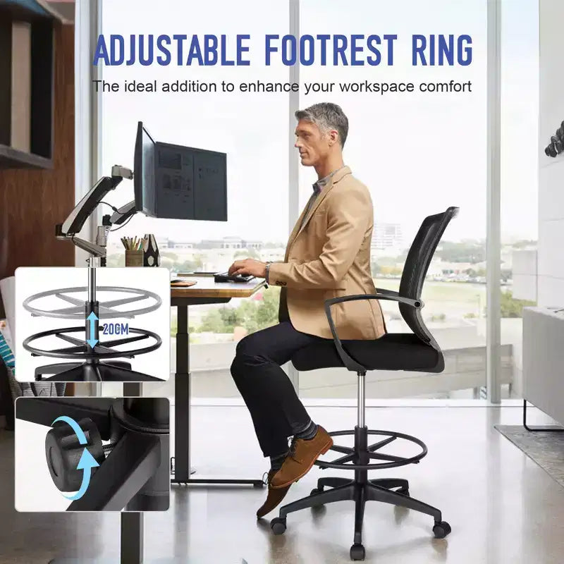 Chaise de Dessin Haute pour Bureau Debout Dossier en Maille avec Anneau Repose-pieds Réglable Support Lombaire Capacité 150 kg Tabouret de Bureau Hauteur Comptoir