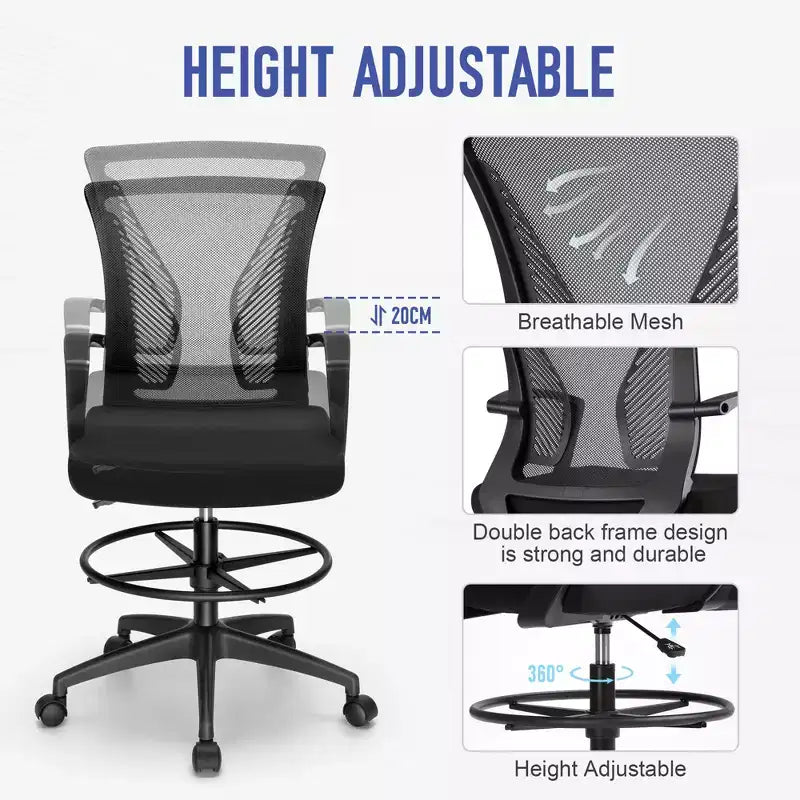 Chaise de Dessin Haute pour Bureau Debout Dossier en Maille avec Anneau Repose-pieds Réglable Support Lombaire Capacité 150 kg Tabouret de Bureau Hauteur Comptoir
