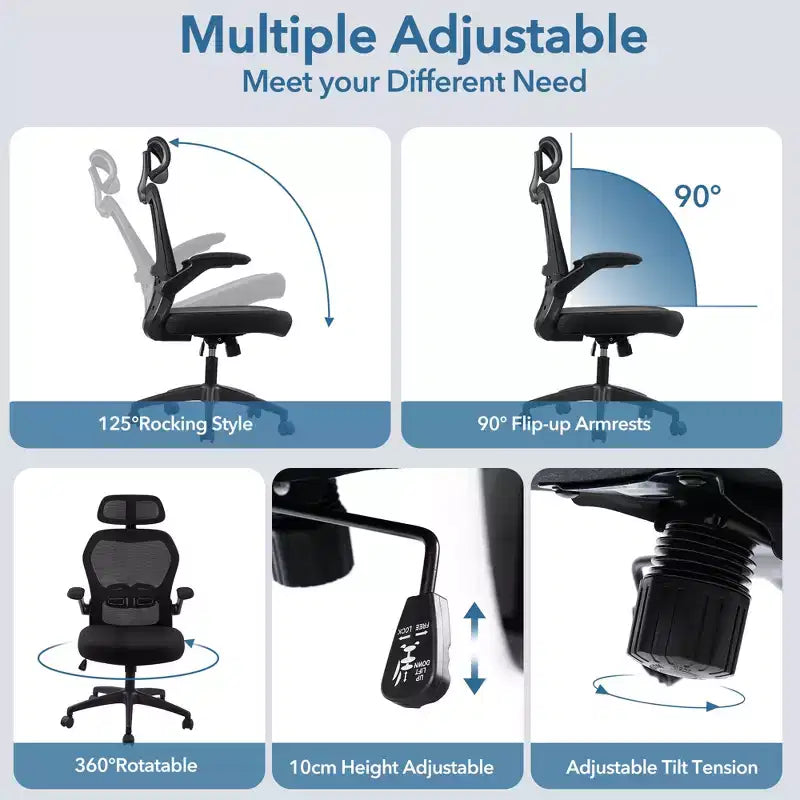 Chaise de bureau ergonomique en maille avec soutien lombaire réglable, accoudoirs relevables, appui-tête, capacité de 136 kg, pour bureau à domicile ou télétravail