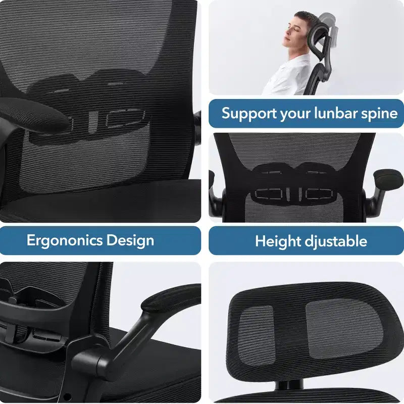 Chaise de bureau ergonomique en maille avec soutien lombaire réglable, accoudoirs relevables, appui-tête, capacité de 136 kg, pour bureau à domicile ou télétravail